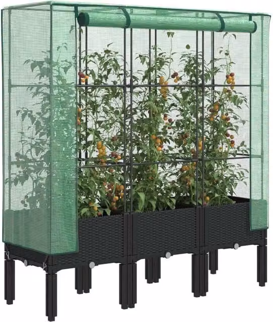 Berkfield Home Raised Bed with Greenhouse Cover in Black Rattan Look, W/D/H: 120 x 40 x 140 cm