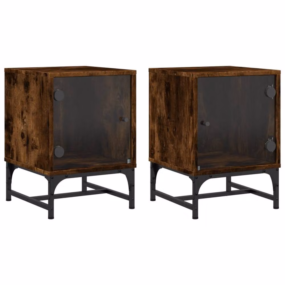 Berkfield Home Elegant Bedside Cabinets with Glass Doors, 2 Piece Set, Smoked Oak Brown, W/D/H: 35 x 37 x 50 cm – 2