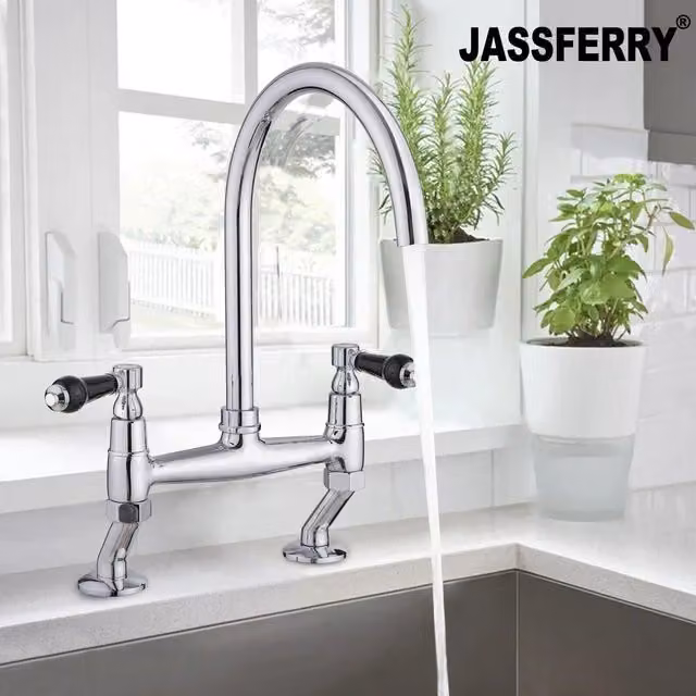 JASSFERRY Two-Handle Bridge Kitchen Mixer Tap with Black Ceramic Handles in Chrome and Silver