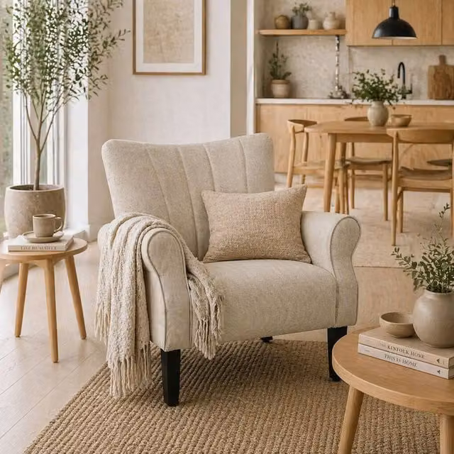 Wyld Haus Vikene Coni Beige Fabric Accent Armchair with Rolled Arms and Rubberwood Legs – 1