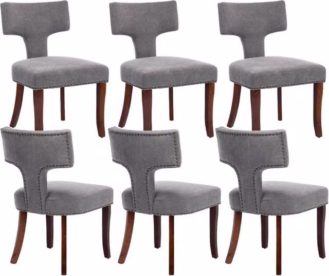 HomeTouch Set of 6 Grey Linen Fabric Upholstered Dining Chairs – 1