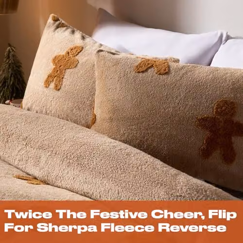OHS Gingerbread Man Tufted Teddy Fleece Duvet Cover and Pillowcase Set, Beige, W/D/H: 135 x 200 cm and 50 x 75 cm – 2