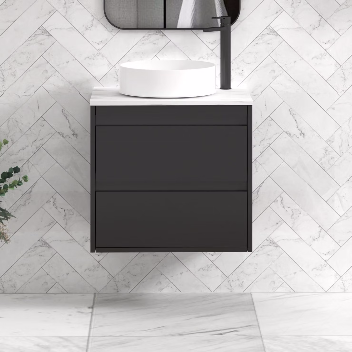 Royal Bathrooms Orion 800mm Matt Obsidian Black Wall Hung Vanity Unit with 2 Drawers, Art Basin and Black Accent Trim
