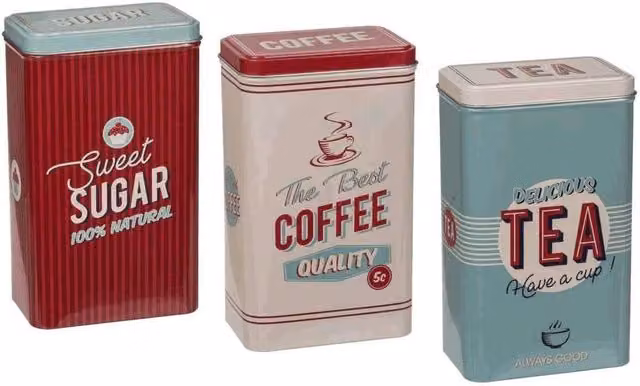Almineez Retro Set of 3 Stainless Steel Tea, Coffee and Sugar Canisters in Silver and Multicolour – 1