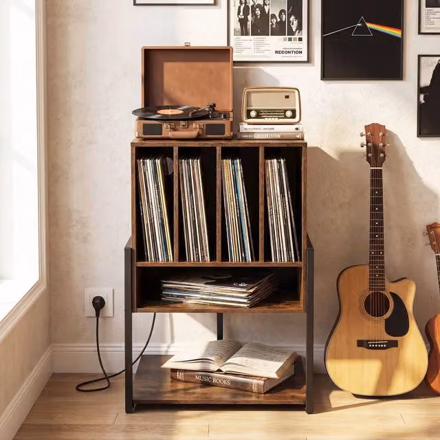 Costway Brown Industrial Record Player Stand with Charging Station and Vinyl Holder