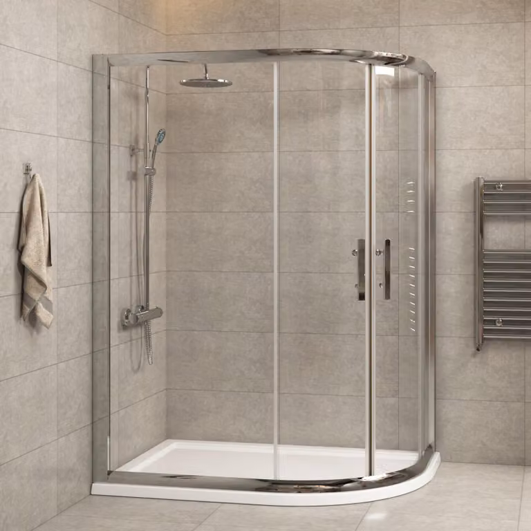 Royal Bathrooms Imperial Offset Quadrant Corner Shower Enclosure with Sliding Transparent Glass and Silver Frame