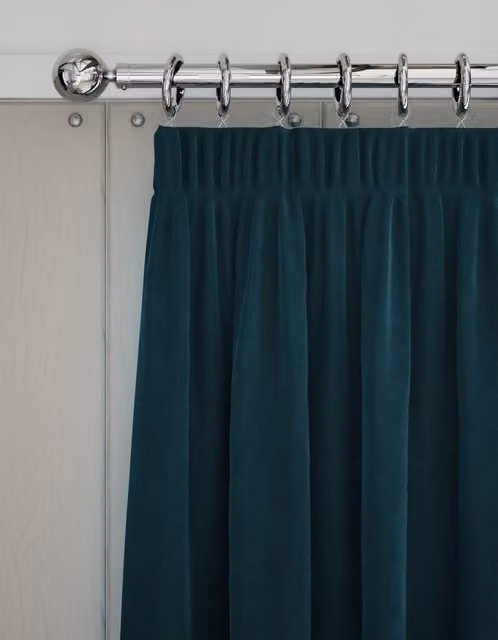 M&S Petrol Blue Velvet Thermal Insulating Pencil Pleat Curtains