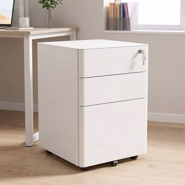 STILVORA 3 Drawer Metal Filing Cabinet with Lock and Castors, White – 1