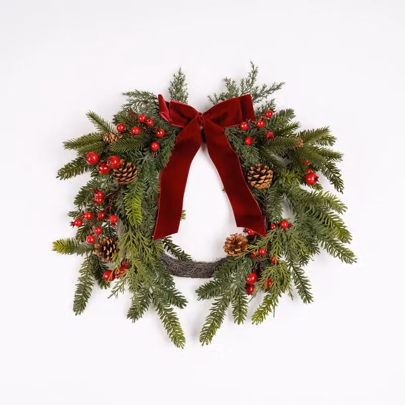 Scottish Everlastings Ltd Real Touch Half Wreath with Red Velvet Bow in Green, Diameter: 50 cm – 2