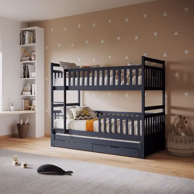 Flair Elvis Bunk Bed with Trundle and Drawers in Grey and White, Solid Pine Wood, 90 x 200 cm