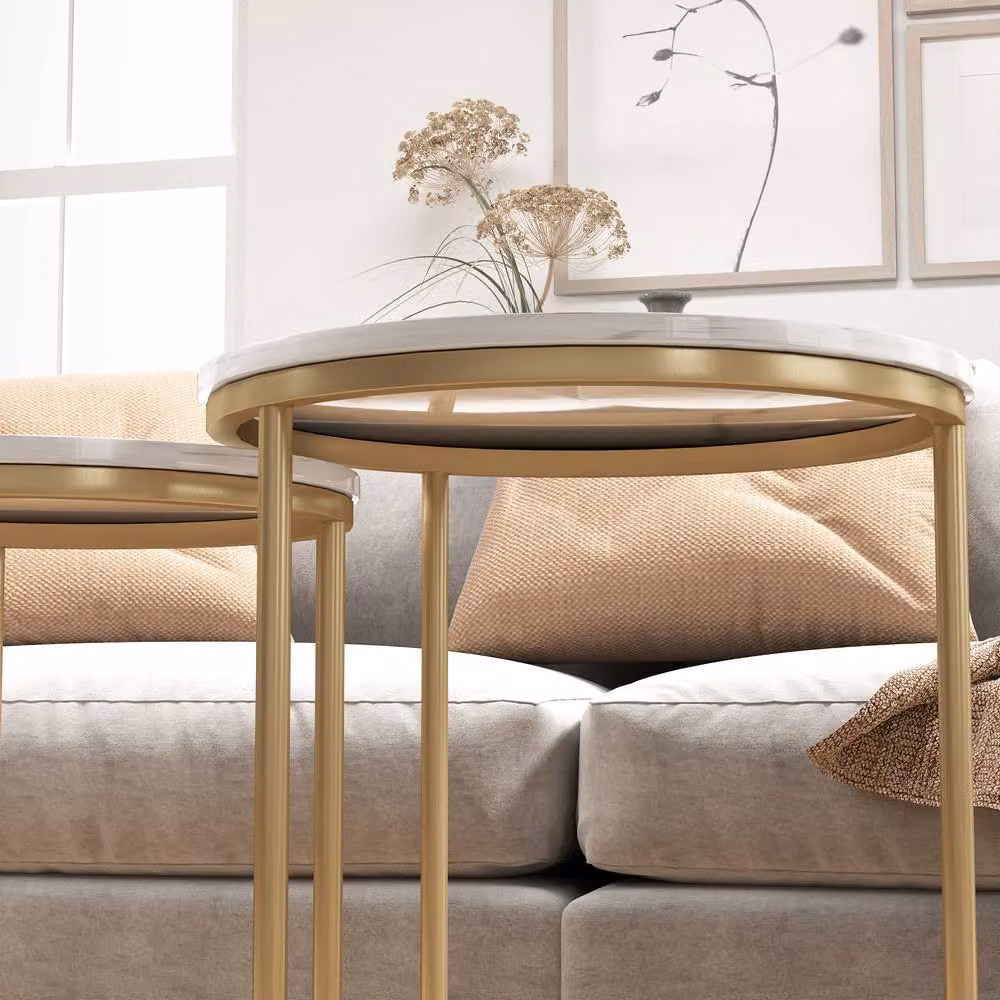 STILVORA Set of 2 Modern Nesting Tables with Gold Sled Bases and Round Marble-Effect Tops – 2