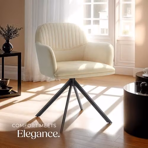 tectake Velvet Swivel Dining Chair with Armrests and Steel Legs, Cream/Black – 2