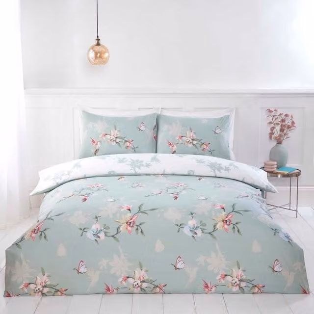 Rapport Home Hummingbird Reversible Floral Microfibre Polyester Duvet Set with Pillowcase, Green and Blue, W/D/H: 200 x 200 cm