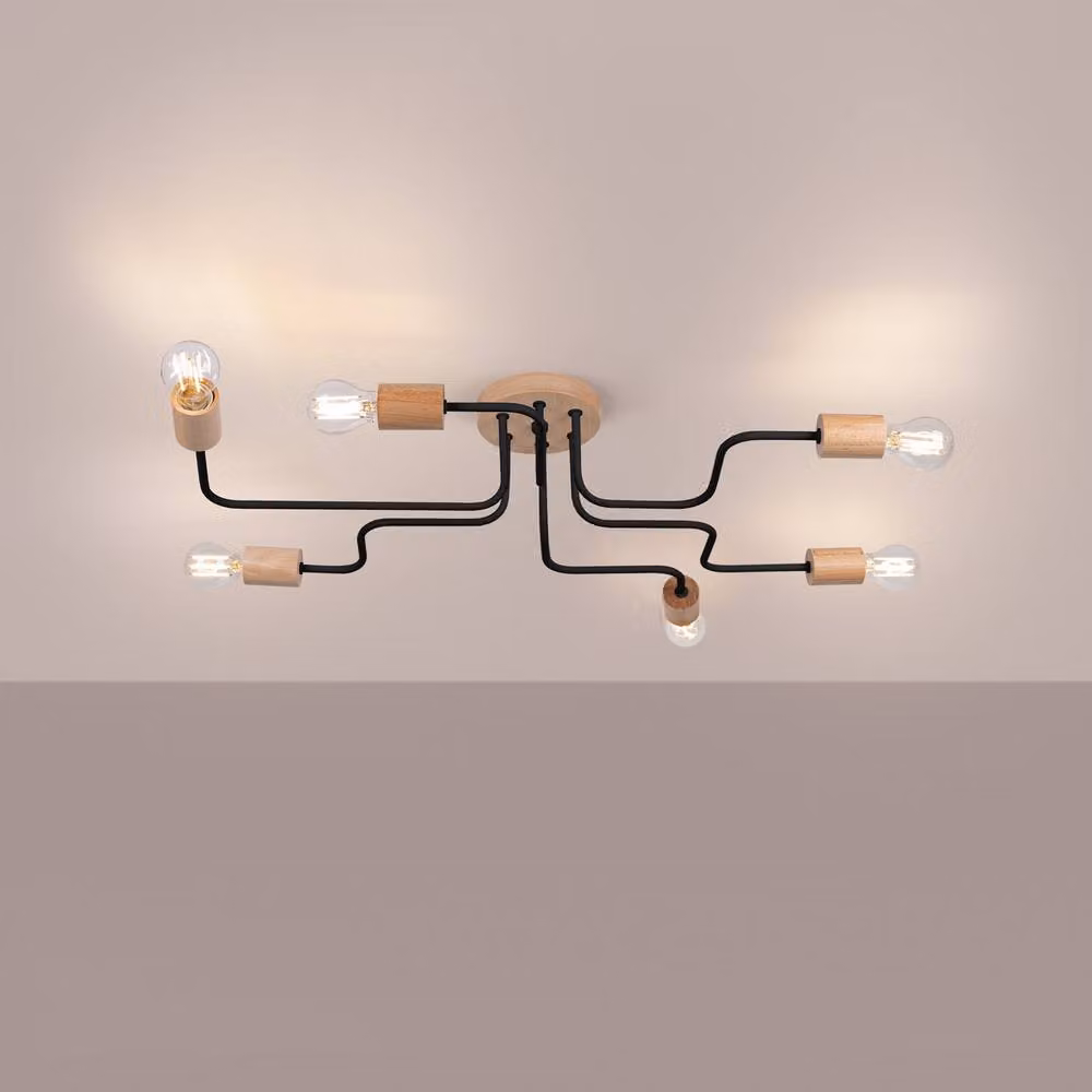 Sollux Lighting Loft Chandelier in Black and Wood, 6-Light Suspended Bar Pendant, W/D/H: 16.5 x 85 x 58 cm – 2