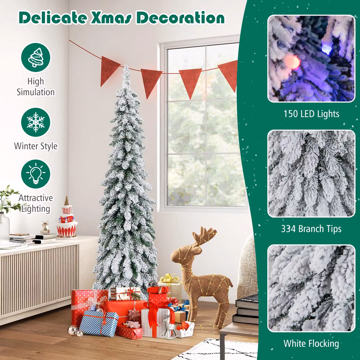 Gymax 5ft Pre-lit Snow-flocked Christmas Tree in Green with 334 Tips and 11 Lighting Modes – 2