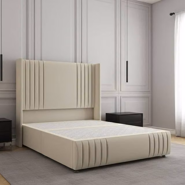 Regional Furnishings Single Divan Bed with 54 inch Plush Velvet Headboard and Footboard in Beige, W/D/H: 90 x 190 cm