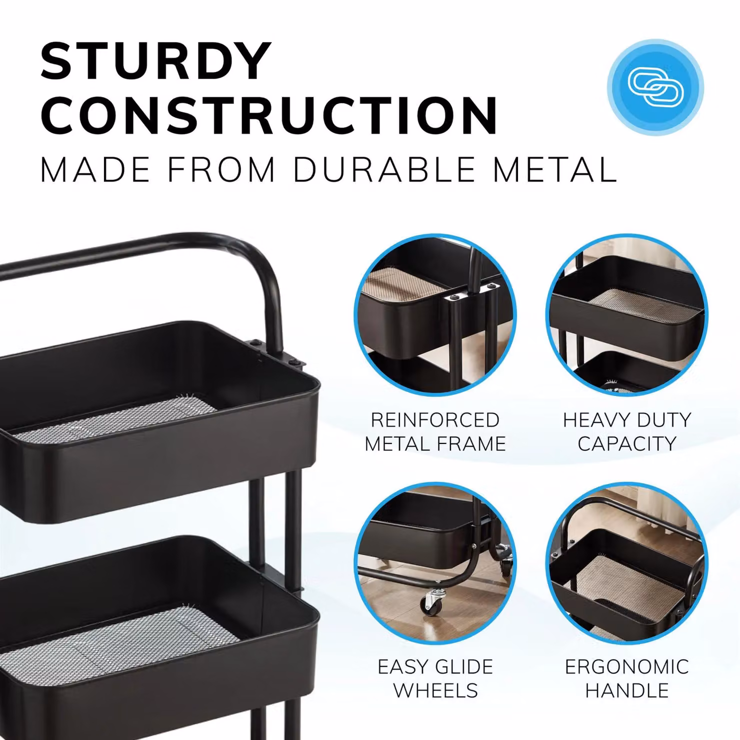 House of Home 3 Tier Metal Storage Cart on Wheels in Black – 4