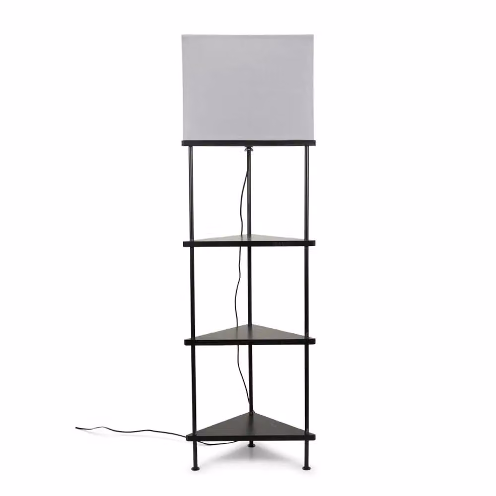 ValueLights Taska Corner Floor Lamp with 3 Wood Shelves and Grey Fabric Shade – 2
