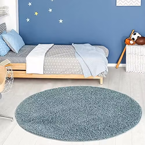 THE RUGS Round Shaggy High Pile Rug, Duck Egg Blue, Diameter: 120 cm – 1
