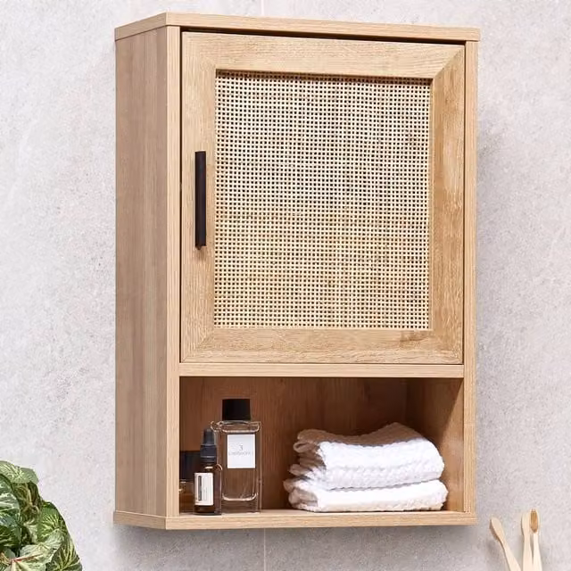 Wyld and Coco Brown Wall Mounted Cabinet with Rattan MDF Doors, W/D/H: 40 x 19 x 60 cm