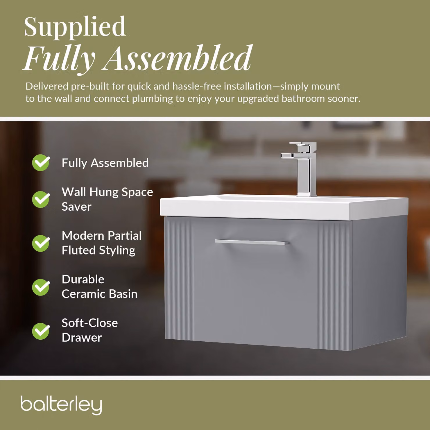 Balterley Wall Hung 1 Drawer Vanity Unit with Mid-Edge Basin, Satin Grey, W: 60 cm, D: 39.9 cm, H: 60 cm – 3