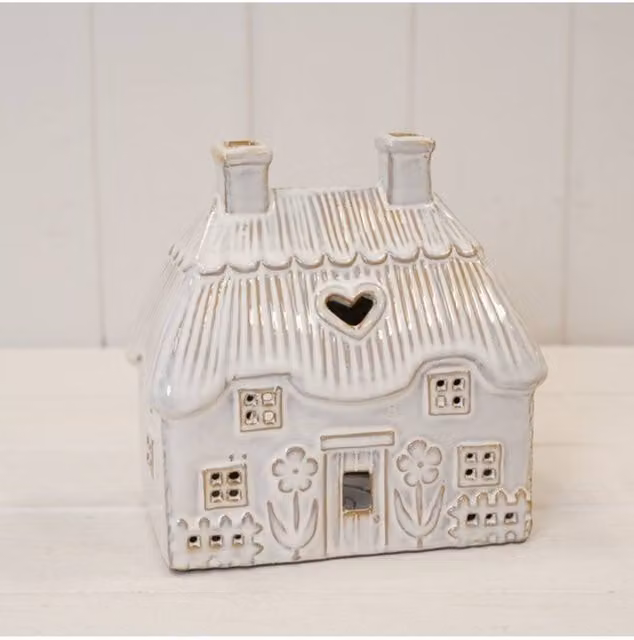 KDMD Natural Ceramic Thatch Roof Tealight House in Beige and White