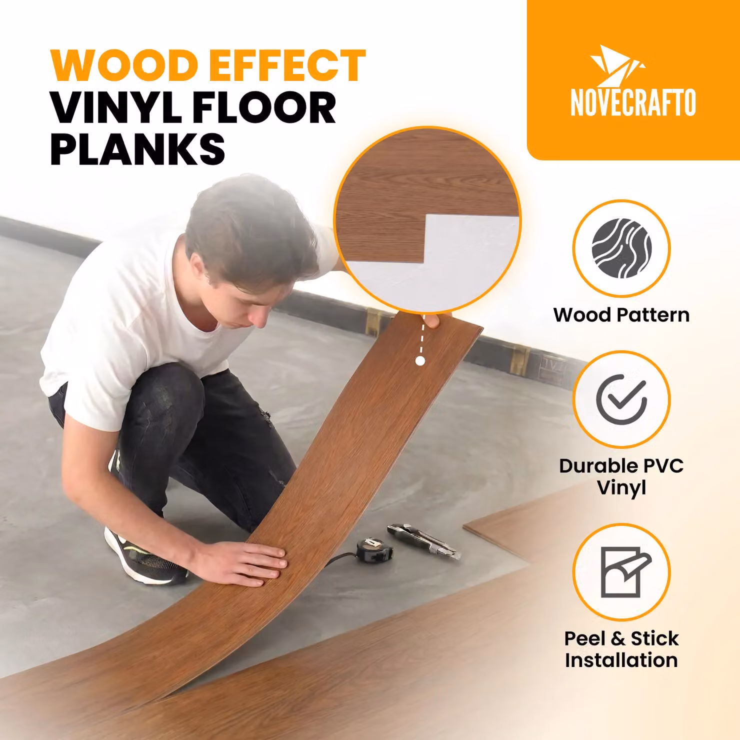 Novecrafto Self Adhesive Wood Look Vinyl Floor Planks, Light Brown, Pack of 36, W: 91.4 cm, D: 15.2 cm – 3