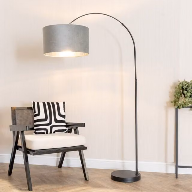 ValueLights Louis Black Arched Floor Lamp with Grey Velvet and Chrome Inner Shade and Warm White Bulb – 1