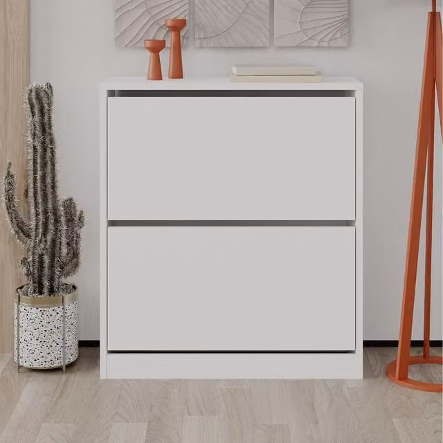 Decortie Modern Two Section White Matt Shoe Cabinet with Push to Open Doors and Internal Shelves