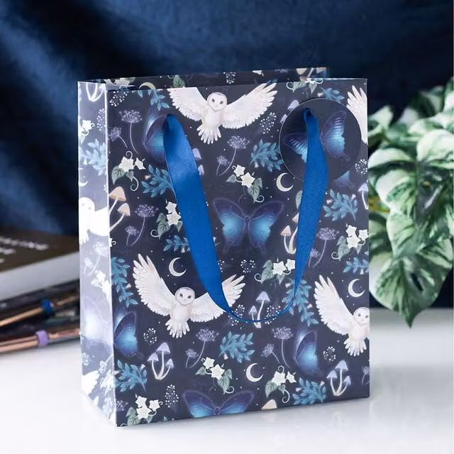 Kingsbury Gifts Midnight Forest Owl Print Paper Gift Bag, Blue and Multicolour, W: 23 cm, H: 19 cm