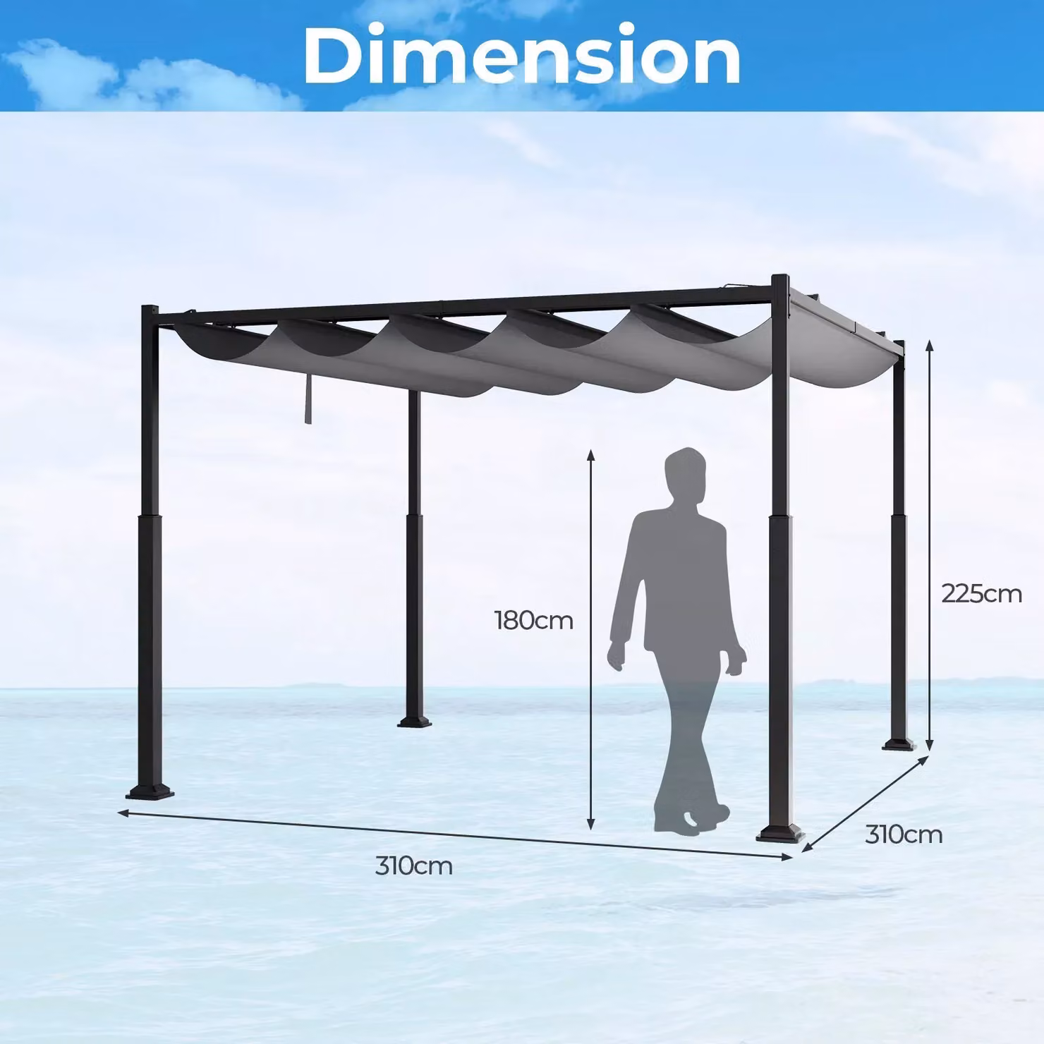 Costway Grey Outdoor Pergola with Retractable Canopy and Heavy-Duty Metal Columns, W: 310 cm, D: 310 cm, H: 225 cm – 2