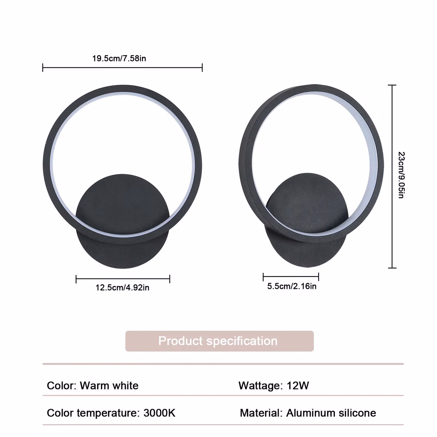 COMELY Modern LED Indoor Wall Light, 12W Round Acrylic and Aluminium Design, Warm White 3000K, Black – 3