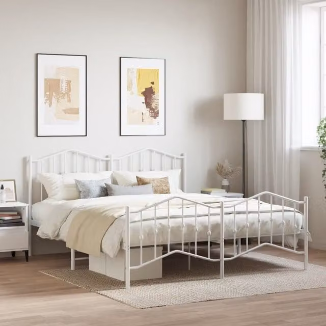 Berkfield Home Metal Bed Frame with Headboard and Footboard in White, W: 183 cm, L: 213 cm – 1