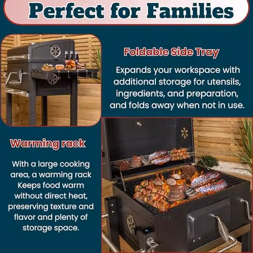 Samuel Alexander Black Steel Portable Rectangular Charcoal BBQ Trolley with Thermometer, Cover, Wheels and Warming Rack, W/D/H: 115 x 46 x 106 cm – 4