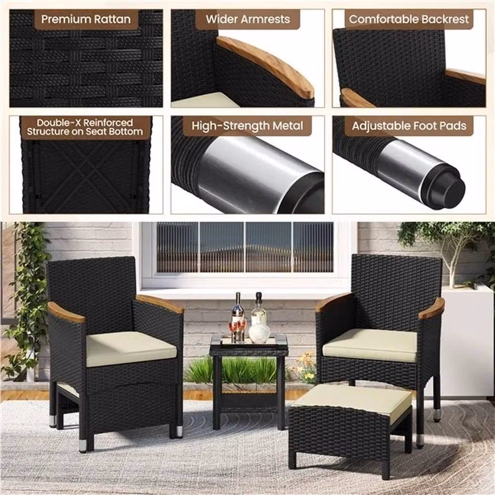 PAWNORA 5-Piece Modern Black Rattan and Acacia Wood Patio Furniture Set – 3