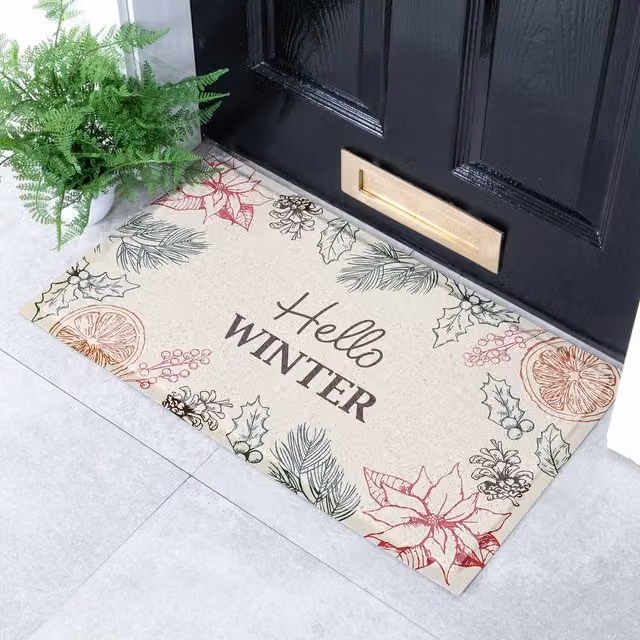 Artsy Mats Hello Winter Non-Slip Weatherproof Doormat, Beige
