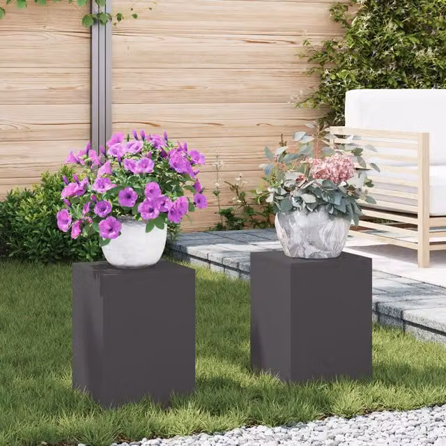 Berkfield Home Outdoor Pillar Plant Stand Set of 2, Black Steel, W/D/H: 24 x 24 x 35 cm