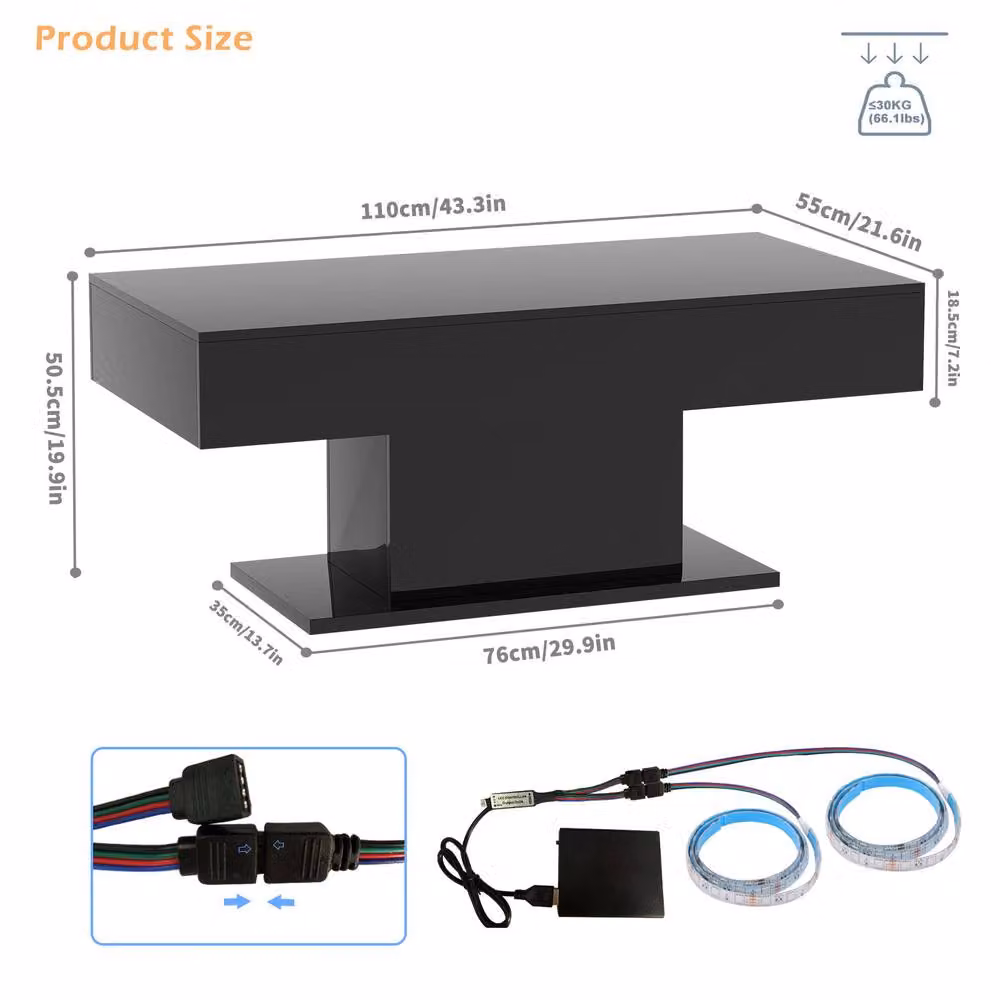 KEEPREAPER High Gloss Rectangular Coffee Table with 16-Colour LED Light in Black – 5