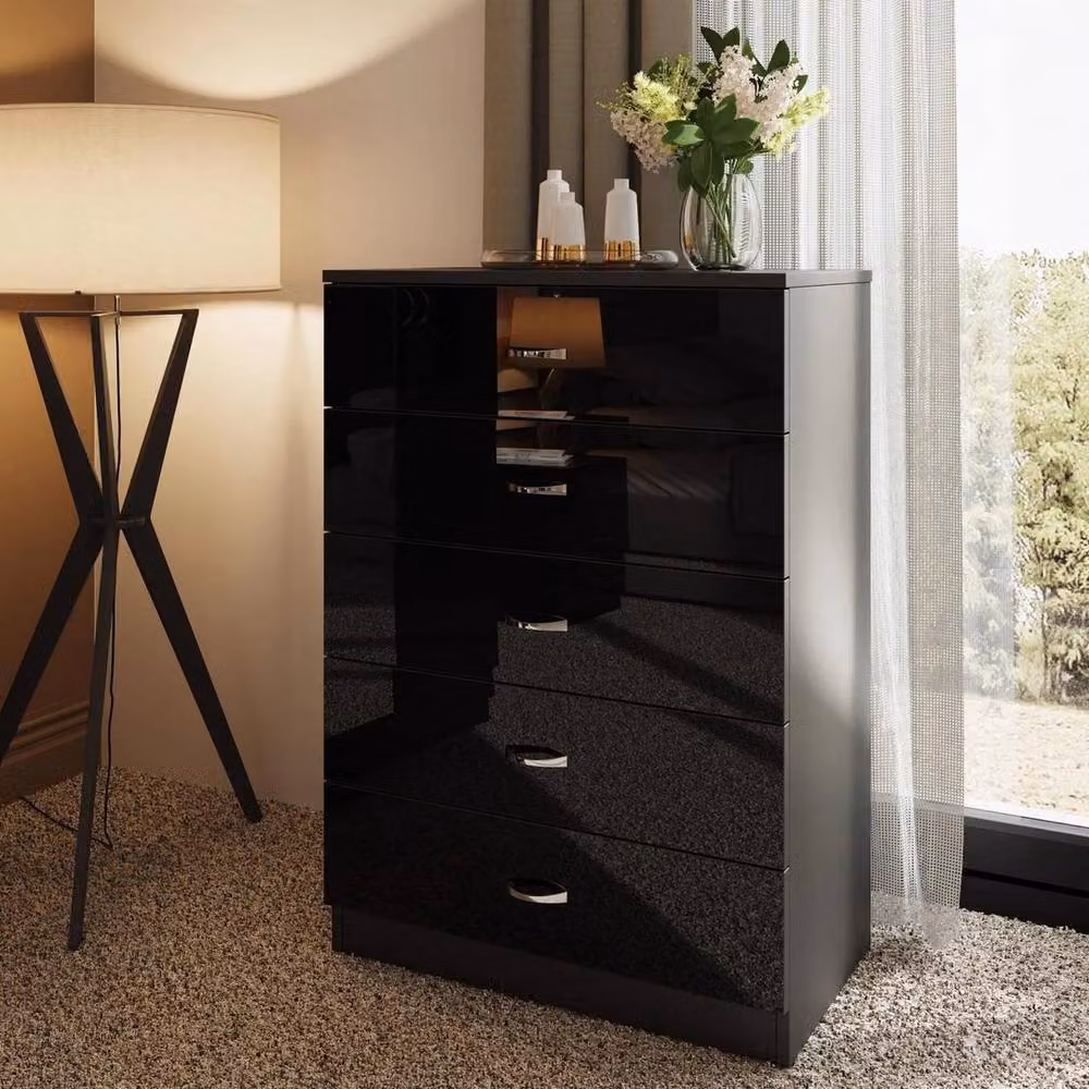 SPETLEK Black High Gloss 5 Drawer Tall Chest of Drawers – 4