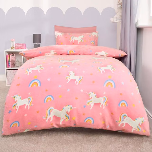 OHS Junior Pink Unicorn Print Fleece Duvet Set
