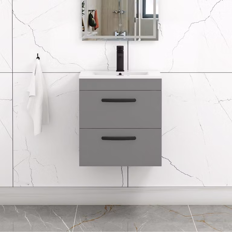 Royal Bathrooms Turin 500mm Wall Hung Vanity Unit in Indigo Grey Gloss with 2 Drawers and Matt Black Handles