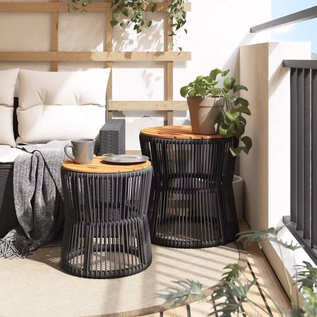 Berkfield Home Set of 2 Black Poly Rattan Garden Side Tables with Acacia Wood Tops – 3