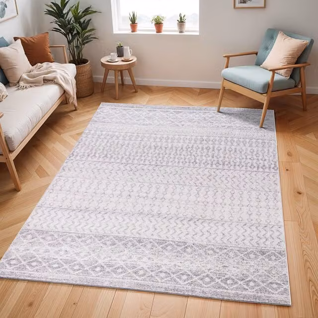 Livabliss Elaziz Geometric Machine Woven Rug in Grey, White and Beige, W: 80 cm, L: 230 cm – 1