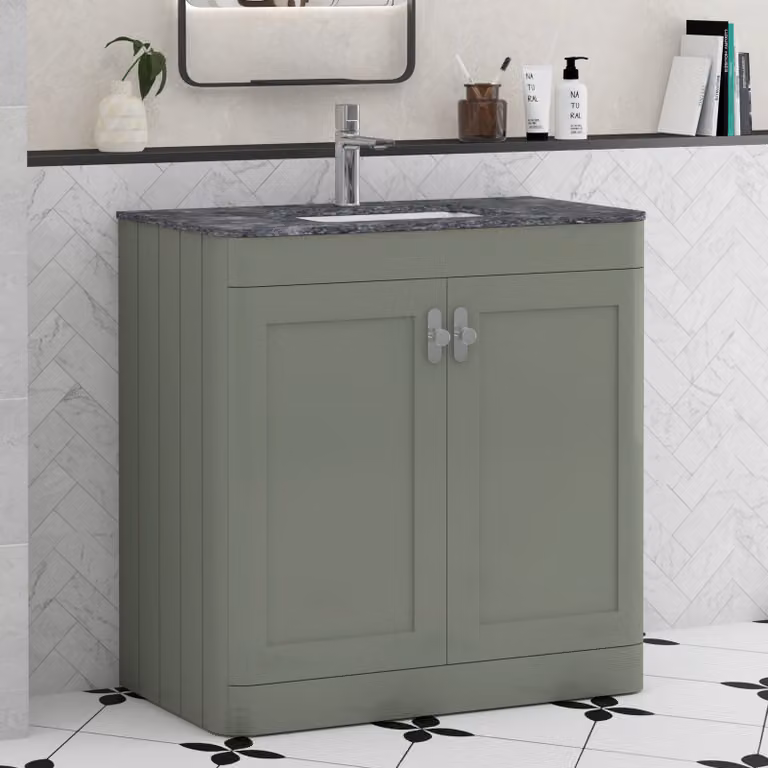 Royal Bathrooms Henley 800mm Sage Green Floor Standing 2 Door Bathroom Vanity Unit with Black Stone Top and Chrome Knob