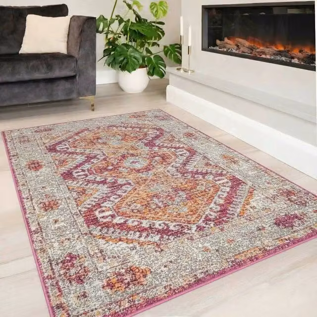 Loomed Pink Aztec Pattern Distressed Soft Area Rug Runner in Fuchsia, W/D/H: 60 x 240 cm