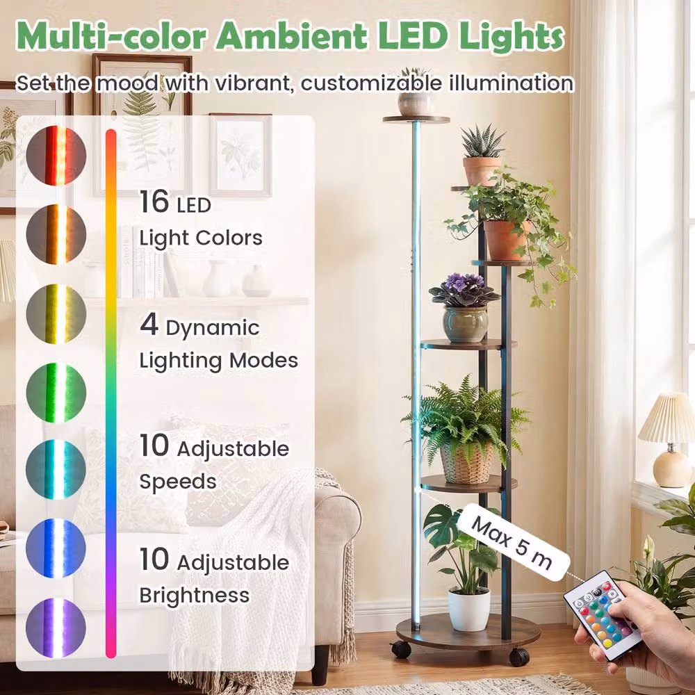 Gymax 6-Tier Round Metal Indoor Plant Stand with Wheels and 16-Colour LED Lights in Brown – 4