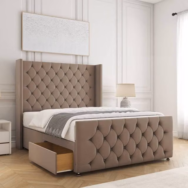 BSSPOKE Florida Super King Divan Bed with 54 inch Headboard, 20 inch Footboard, 2 Drawers and Mattress in Bronze Velvet