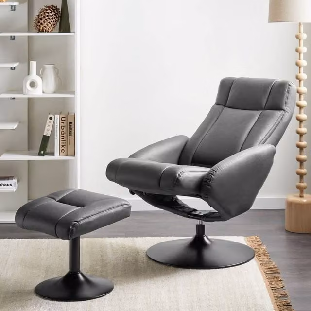 Wyld and Coco Swivel Recliner Armchair with Ottoman in Black Synthetic Leather