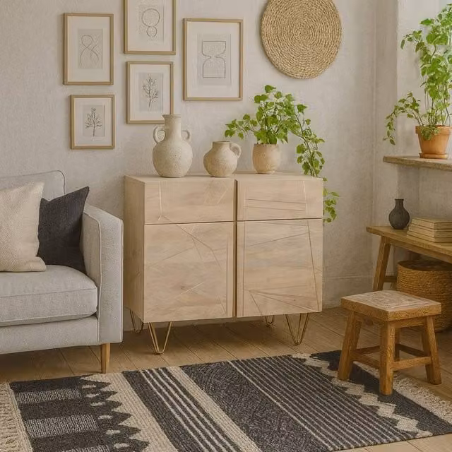 Wyld Haus Bali Mango Wood Sideboard in Light Natural Finish with Gold Inlays, W/D/H: 120 x 40 x 80 cm