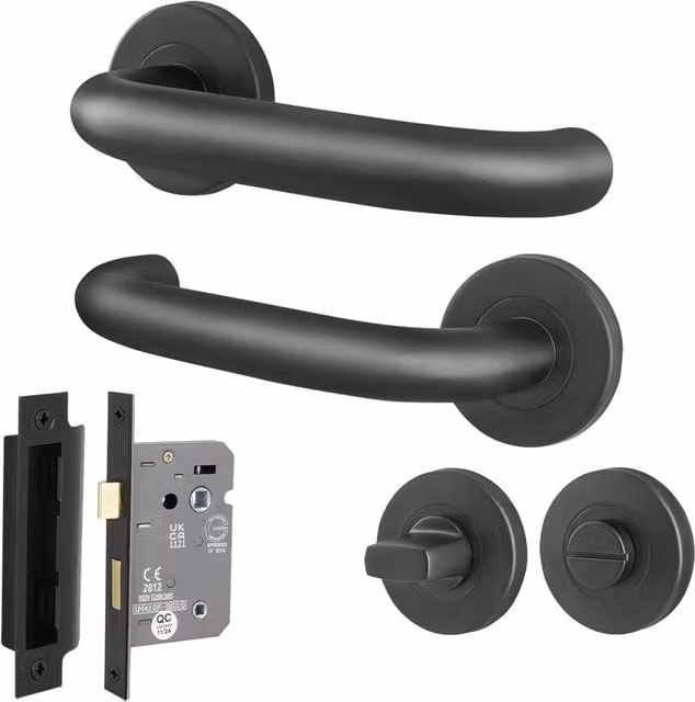 AFIT Matt Black Stainless Steel Return to Door Handles with Bath Lock 64mm, W/D/H: 150 x 150 x 150 mm – 1
